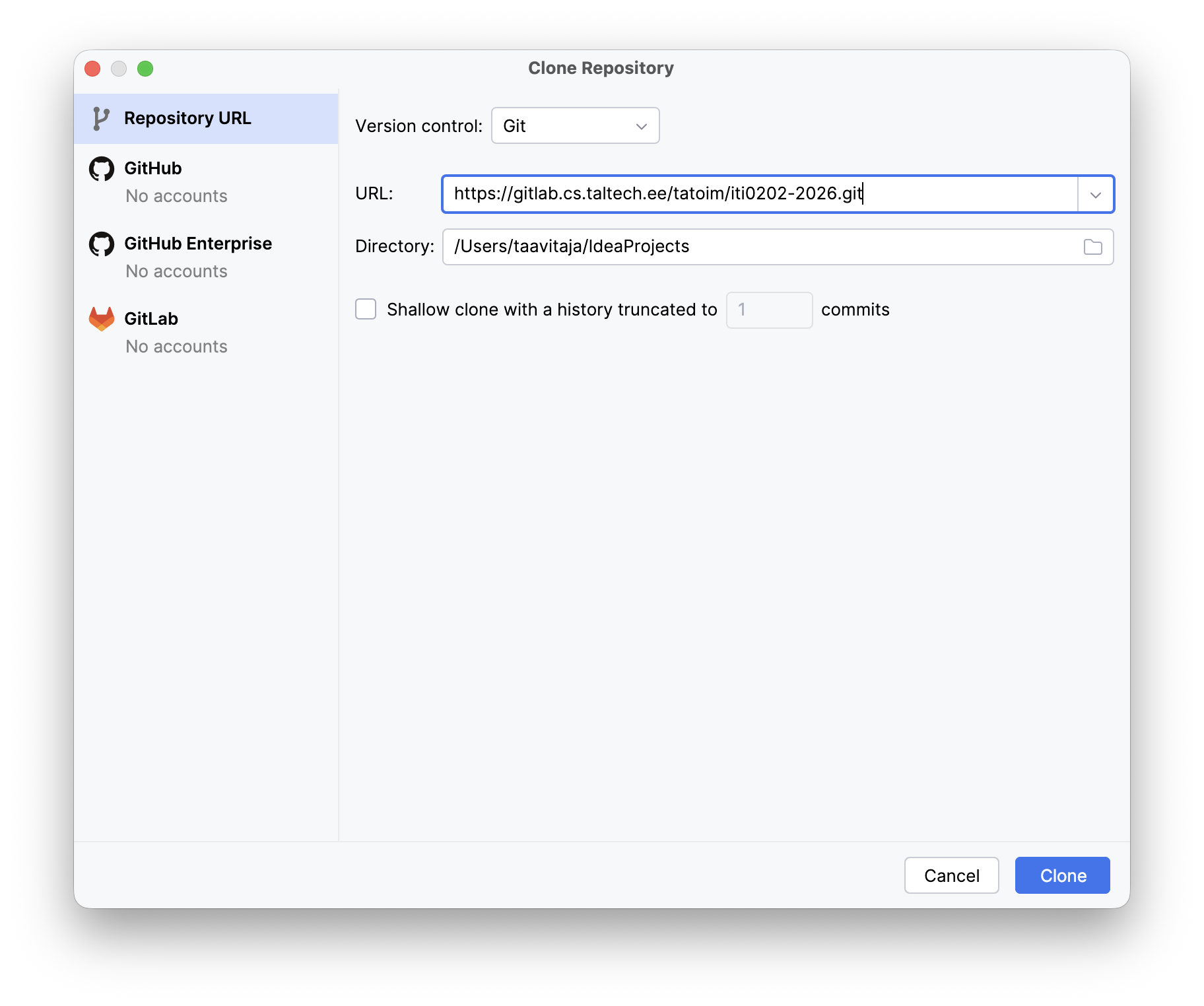 IntelliJ IDEA clone repository window with filled in URL
