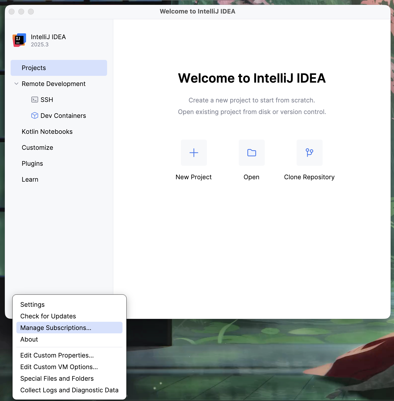 Home screen and manage subscriptions